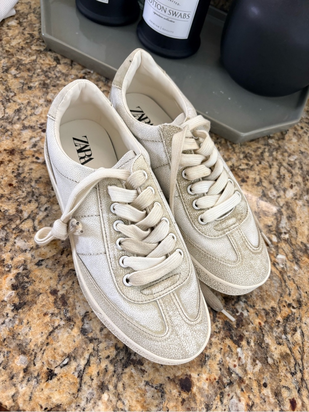 Zara Cream Textured distressed style Lace-Up Sneakers